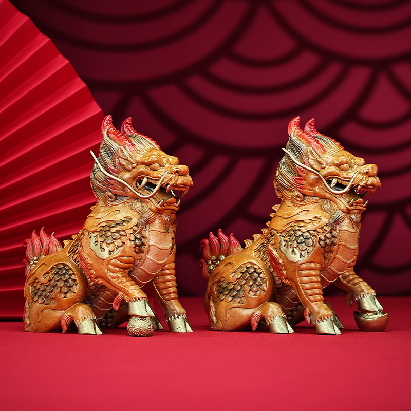 铜欣祥彩铜祥瑞麒麟摆件一对家居办公室装饰品开业乔迁商务礼品