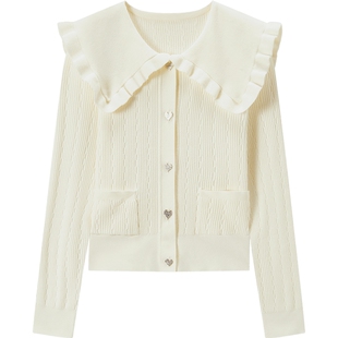 爱居兔春季新款娃娃领修身显瘦软糯针织衫开衫短外套女