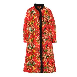 民族风大花布大棉衣女修身显瘦真毛领复古棉大衣冬新款加厚单排扣