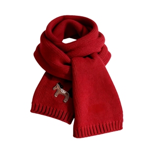 斐尔特斯100%羊毛儿童围巾小马刺绣红色本命年冬季保暖新年氛围感