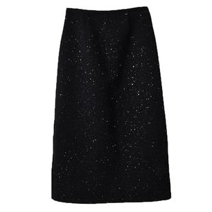 Basic House/百家好黑色亮片半身裙女2026春季新款直筒a字包臀裙