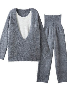 嫚熙秋冬季纯色半边绒月子服加绒保暖睡衣产妇哺乳衣家居服套装
