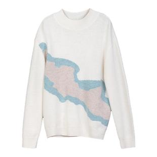 诗梦女装白色提花毛衣撞色休闲宽松羊毛针织衫套头半高圆领百搭