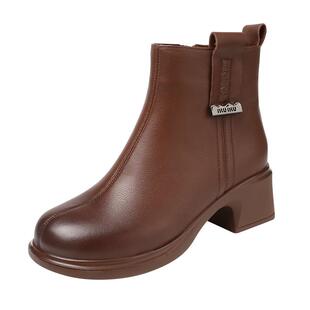 2026春秋新款中跟妈妈鞋短靴女真皮粗跟单靴软皮软底加绒冬季棉鞋