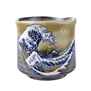 日本进口九谷烧北斋神奈川冲浪里手绘汤吞大号日式水杯茶杯公道杯