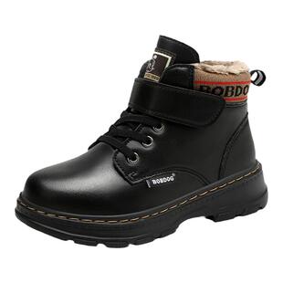 巴布豆童鞋儿童马丁靴秋冬季加绒加厚男童皮靴中大童黑色保暖棉靴