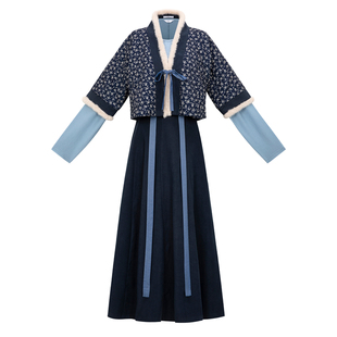 花朝记｜菘蓝｜唐制汉服唐背子圆领衫交窬裙绗棉碎花蓝色日常秋冬