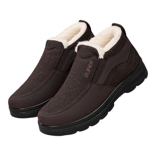 冬季新款防滑老头棉鞋一脚蹬加绒加厚老北京布鞋男士中老年爸爸靴