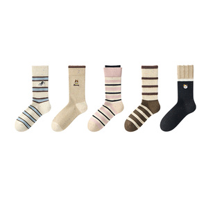 条纹袜子女款中筒春秋季可爱卡通刺绣蓝色撞色春天防臭无骨棉袜