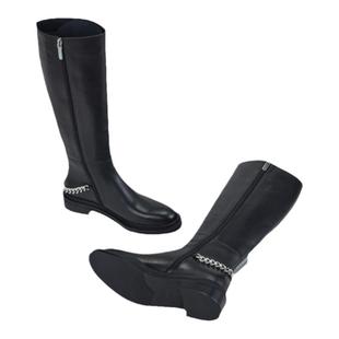 包小姐与鞋先生冬款圆头厚底马蹄跟牛皮修腿链条长筒靴女