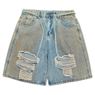 GOGOSOON夏季新款牛仔短裤男420g直筒复古水洗做旧宽松破洞潮流Q