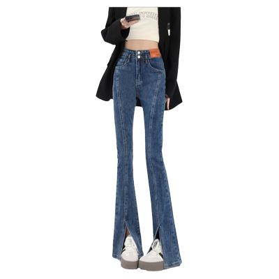 加绒喇叭裤开叉牛仔裤女冬季