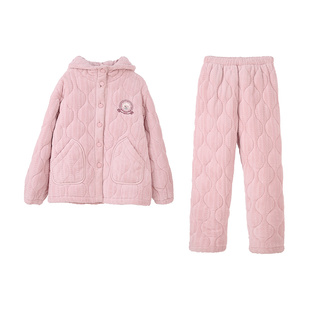 安之伴【巨保暖】三层夹棉睡衣女士冬季冬款法兰绒加厚连帽家居服