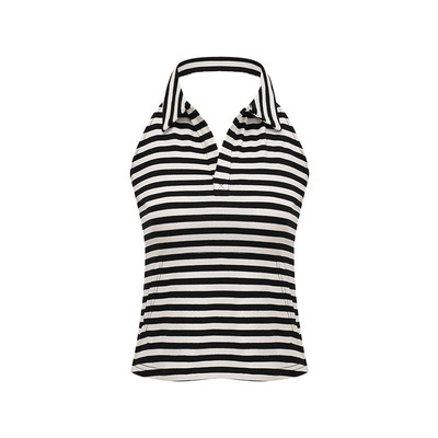 复古条纹色polo领挂脖背心