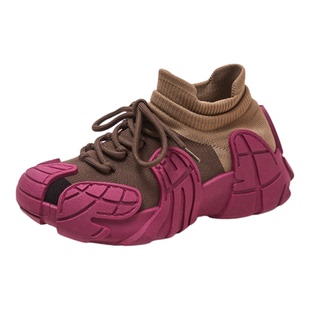 丑萌袜子鞋女2026春季新款飞织网面透气运动鞋厚底防滑登山休闲鞋