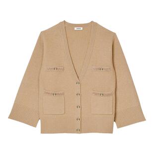 SANDRO秋冬女装法式气质时尚绵羊毛喇叭袖慵懒V领宽松针织开衫