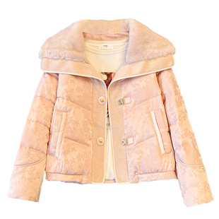 粉色新中式国风羊羔毛翻领羽绒服女短款2025冬季新款毛呢拼接外套