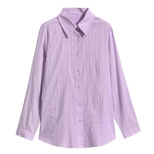 100%棉浅蓝色开衫翻领T恤夏长袖衬衫女夏季薄款2026新款纯棉宽松