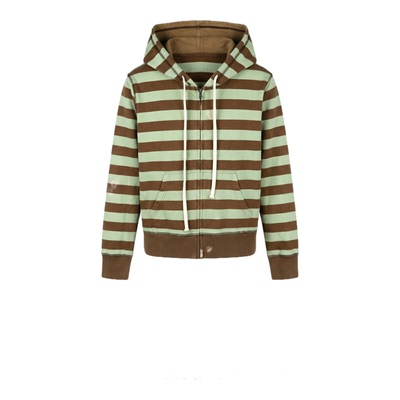纯棉豆绿条纹抽绳连帽卫衣外套