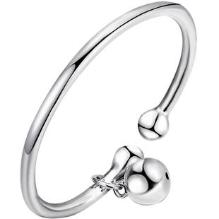 女纯银手镯9999足银手镯天籁之音对珠光面银饰铃铛镯子饰品送女友