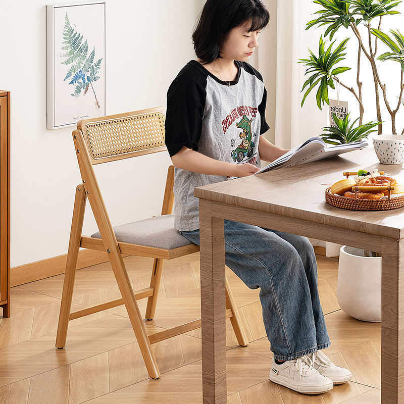 可折叠椅子实木家用凳子小户型书桌椅藤编餐椅办公室便携靠背椅子
