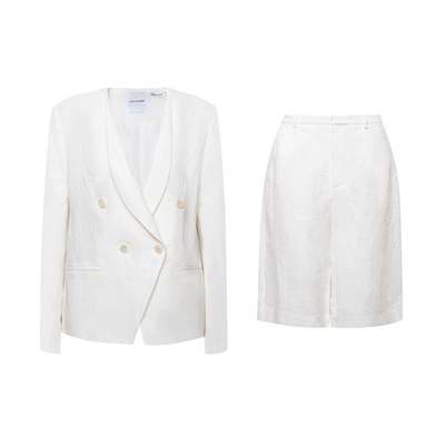 TOP家 经典老钱 法式复古休闲100%纯亚麻白色廓形西服/亚麻五分裤