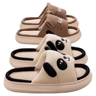 买1送1亚麻拖鞋女四季室内透气防滑防臭情侣家居一对可爱棉麻拖鞋