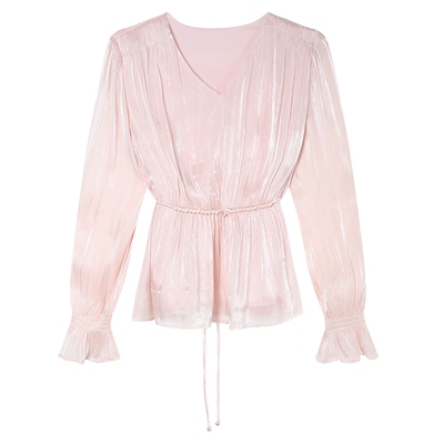 白鹿语淑女风V领收腰衬衫