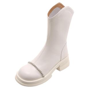 水钻切尔西靴女2025年新款马丁靴厚底烟筒短靴圆头v口西部骑士靴