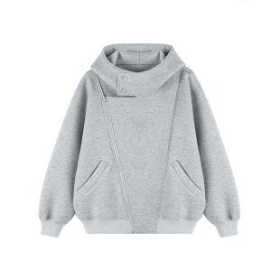 灰色双拉链开衫空气层连帽卫衣外套男女春秋冬季加绒不规则厚夹克