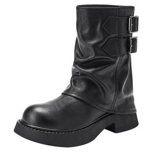 热风粗跟时装靴女2025年冬季新款复古中筒休闲靴美拉德裤管靴子