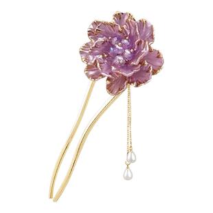 牡丹花u型流苏发簪女新中式气质盘发发钗古风精致高级感旗袍发饰