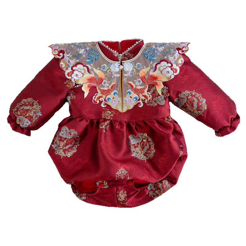 周岁女宝宝礼服抓周冠衣礼服中国风唐装生日宴百天宴秋季款包屁衣