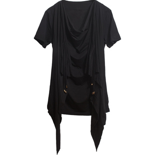 短袖男款设计感小众假两件T恤修身毛边潮流黑色低领痞帅风中长款