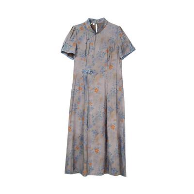 布符夏季新款旗袍蓝橙花图案攀缘结花扣设计优雅魅力清新雅致