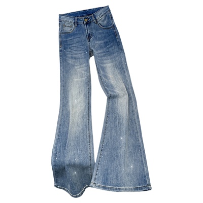 拉夏贝尔爆闪烫钻微喇牛仔裤女春