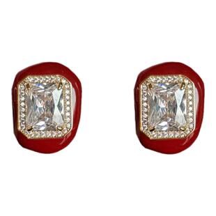 轻奢满钻锆石高级感新款气质优雅方形耳钉复古港风法式红色耳环女