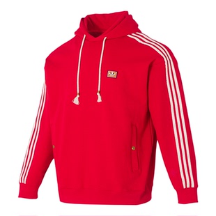 阿迪达斯三叶草男款马年新年款红色连帽卫衣时尚运动针织套头衫