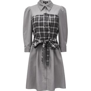 Vero Moda奥莱连衣裙子秋冬清仓格纹拼接优雅显瘦七分袖翻领女