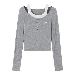 ACMEAURA巨好看的早秋上衣女内搭短款灰色假两件长袖t恤女打底衫