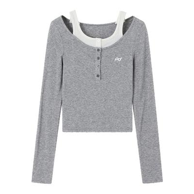 ACMEAURA巨好看的早秋上衣女内搭短款灰色假两件长袖t恤女打底衫