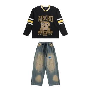 ROCKYROAD儿童春装薄款圆领T恤男童韩版美式拼接字母印花长袖上衣