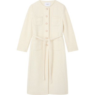 LK BENNETT米色大衣女2025年冬季圆领小香风粗花呢中长款系带外套