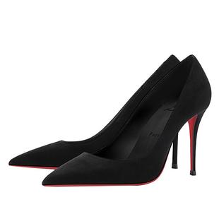 LUKE黑色高跟鞋女尖头法式绒面CL红底职业鞋浅口气质不累脚单鞋