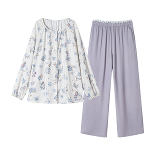 嫚熙春秋弹力丝麻棉女士睡衣女款秘密花园长袖家居服套装2026新款