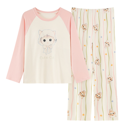 长袖长裤睡衣女春秋季纯棉带胸垫可爱卡通少女小个子冬家居服套装