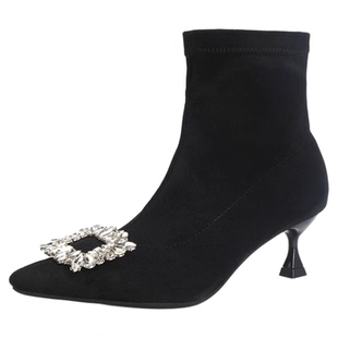 绒面冬水钻方扣弹力显瘦时装短筒靴尖头细跟高跟短靴女加绒瘦瘦靴