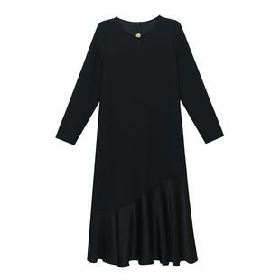 柒院大码圆领长袖拼接大摆鱼尾连衣裙2026春款宽松遮肉显瘦中长裙