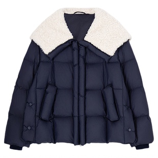 HPLY荷比俪2025冬新海军风白鹅绒立体剪裁羊羔绒感大翻领羽绒服