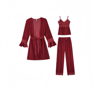 红色本命年金丝绒睡衣女秋冬结婚纯欲性感蕾丝吊带胸垫睡袍三件套